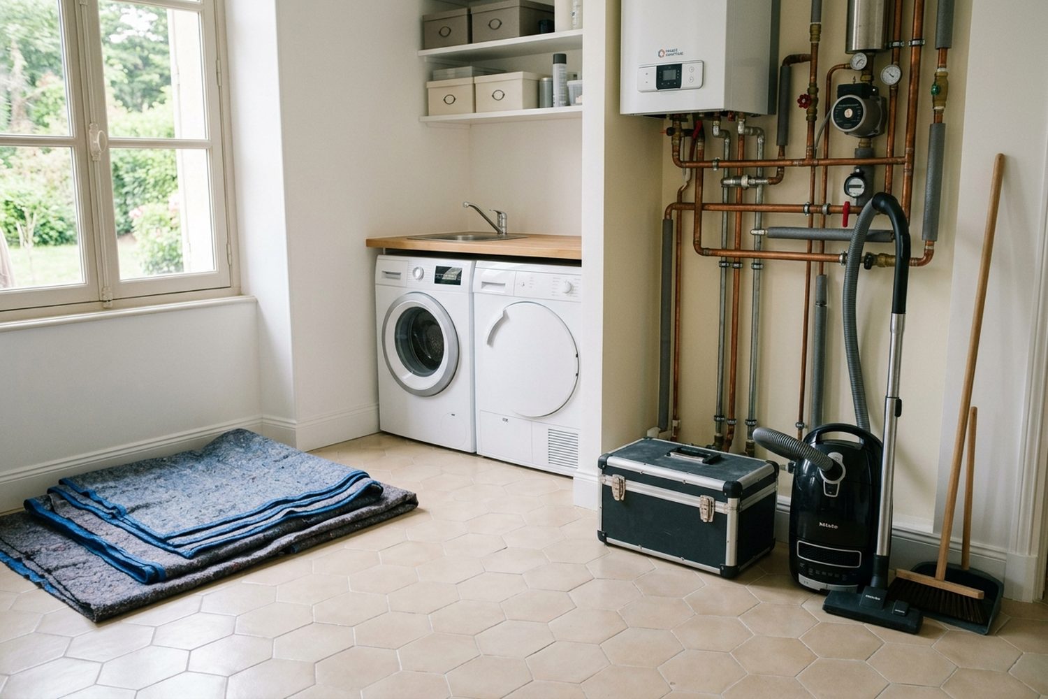 Local technique remis en état après travaux, outillage rangé et protections de sol repliées