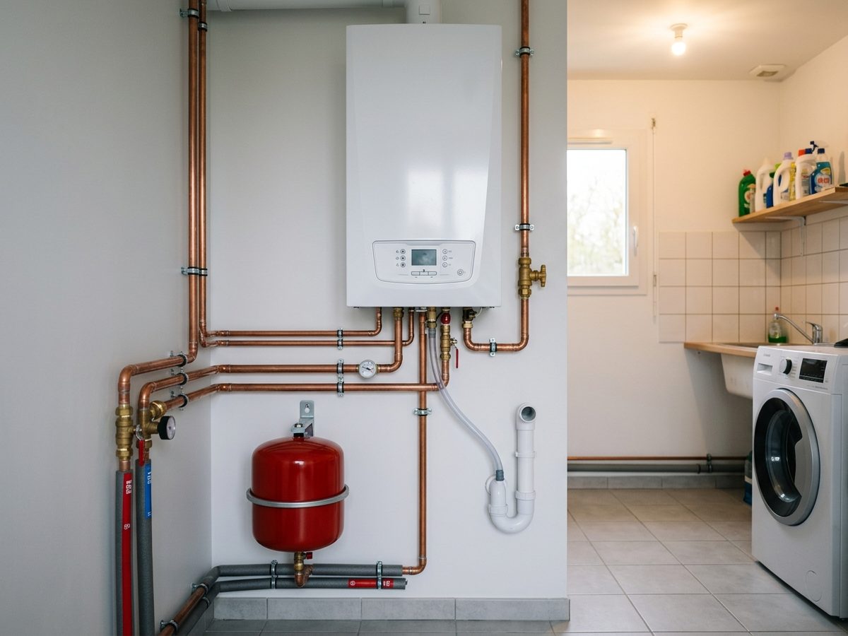 Chaudière murale gaz à condensation avec réseau de tuyauterie en cuivre et vase d'expansion