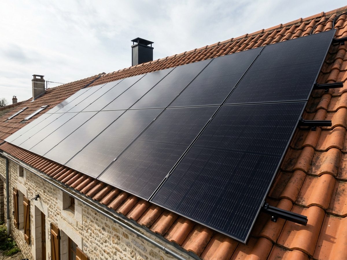 Champ de panneaux solaires photovoltaïques monocristallins posé sur une toiture en tuiles