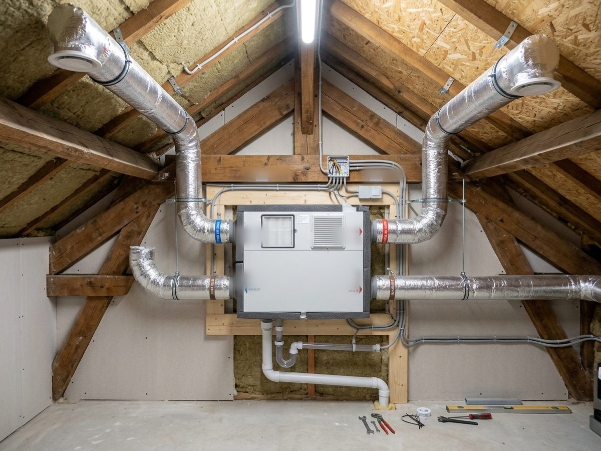 Centrale de ventilation VMC double flux raccordée avec gaines isolées et suspendues sous les combles